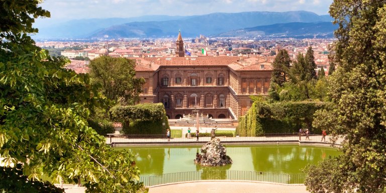 Palazzo Pitti with a fountain and a view of the city