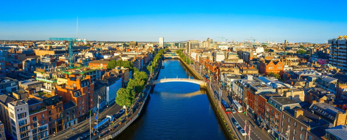 Dublin Ireland with Liffey river aerial view