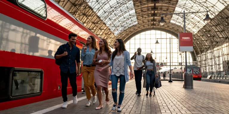 Happy group of friends traveling by train and walking on the rail plateform.