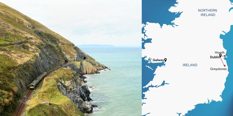 Map of Ireland: Train from Dublin to Howth and Greystones.