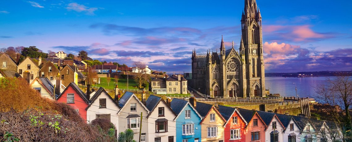 Cathedral and colored houses in Cobh, Ireland