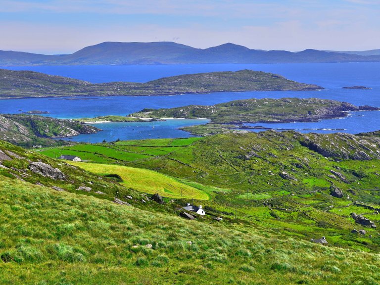 Panoramic view of the ocean from the top of a hill on the Ring of Kerry.